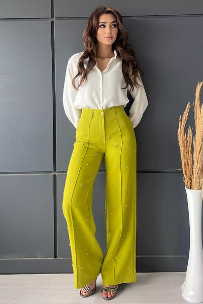 GÜLSELİ Oil Green High Waist Stoned Grassy Women's Palazzo Trousers
