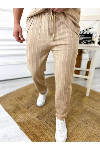 elkumoda Παντελόνι λινό Φυσικό βαμβάκι ανάμεικτο φαρδύ αθλητικό παντελόνι Άνετο ριγέ λινό παντελόνι