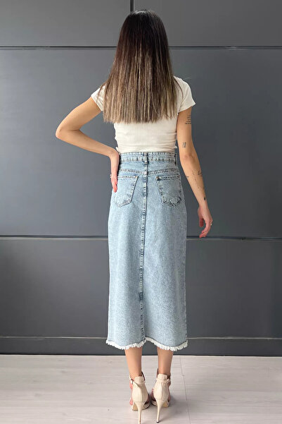 GÜLSELİ Blue Slit Detailed Tasseled Jean Denim Skirt