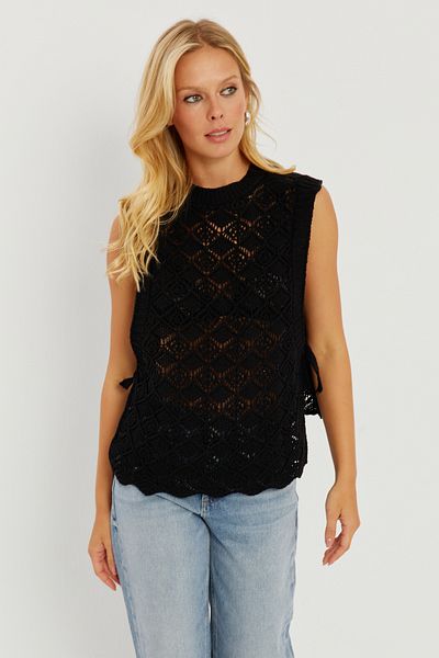 Cool & Sexy Women's Black Side Tied Openwork Sweater YV226