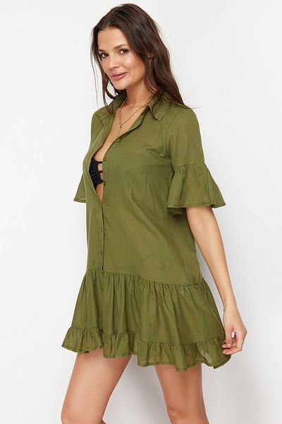 Trendyol Collection Χακί Μίνι υφαντό βολάν 100% βαμβακερό φόρεμα παραλίας TBESS24EL00080