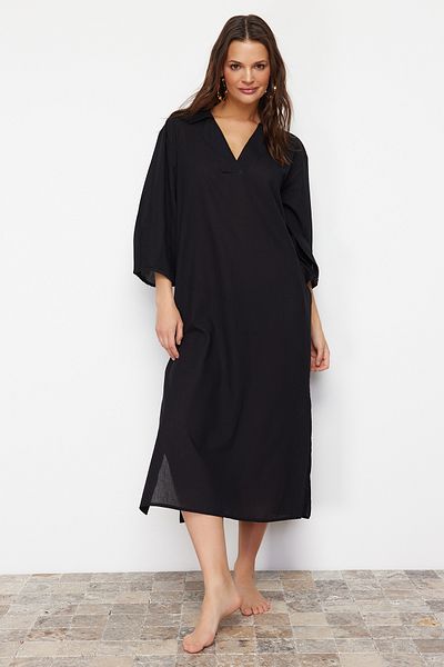 Trendyol Collection Černé široké tkané 100% bavlněné midi plážové šaty TBESS22EL0009