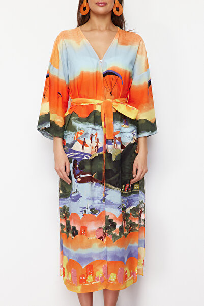 Trendyol Collection Landscape Patterned Belted Maxi Woven Kimono&Kaftan TBESS24KM00046