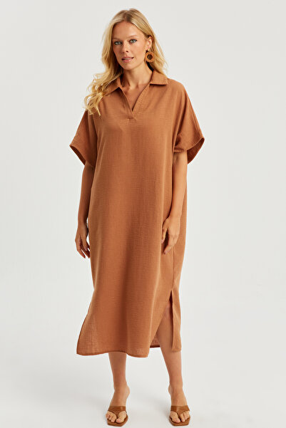 Cool & Sexy Dámské Tan Linen Midi šaty DMR85