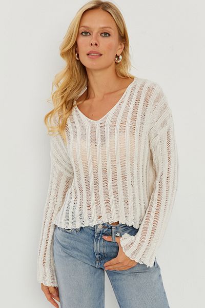 Cool & Sexy Women's Ecru V-Neck Openwork Knitwear Blouse YV233