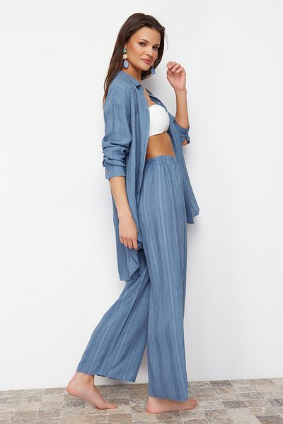 Trendyol Collection Blue Woven Slit Beach Pants Tbess24Pl00016