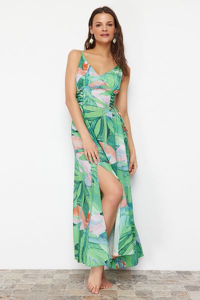 Trendyol Collection Zelené tropické vzorované maxi tkané plážové šaty TBESS24EL00098