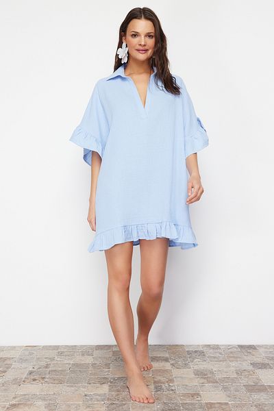 Trendyol Collection Rochie de plajă cu volane mini țesute albastră TBESS24EL00115