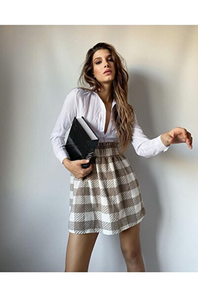 ONO STORE Bej Gipeli Kaşe Kareli Mini Etek