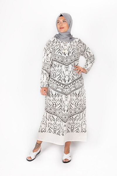 Kardelen Butik Ümraniye White Sile Cloth Zebra Printed Long Sleeve White Dress