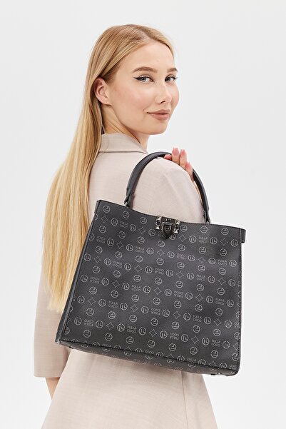 Morpelikan حقيبة كتف نسائية أنيقة بحزام كتف متقاطع وإغلاق بقفل، حقيبة يد سوداء بتصميم مونوغرام