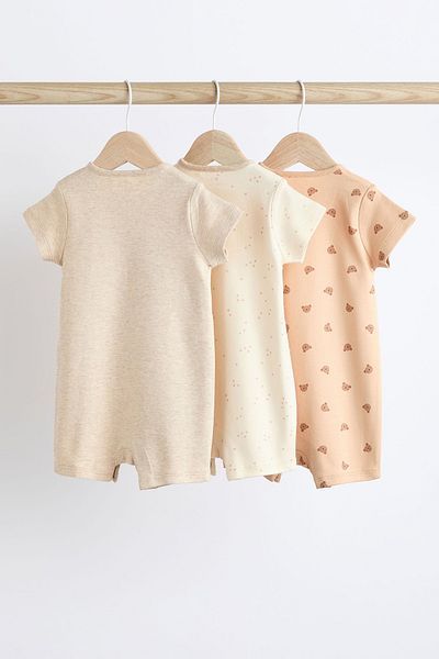 Next Baby Cream Colored Teddy Bear Patterned 100% Cotton Set of 3 Romper