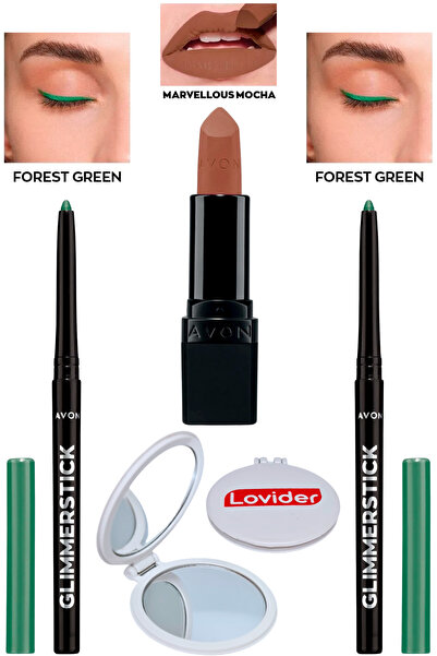 AVON قلم عيون مصعد أخضر غابة 2 عبوة + أحمر شفاه مارفيلوس موكا غير لامع + مرآة...