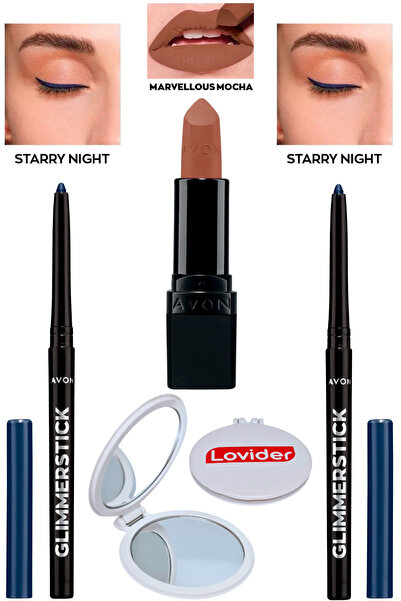 AVON قلم عيون ليزر ستاري نايت 2 عبوة + أحمر شفاه مارفيلوس موكا غير لامع + مرآ...