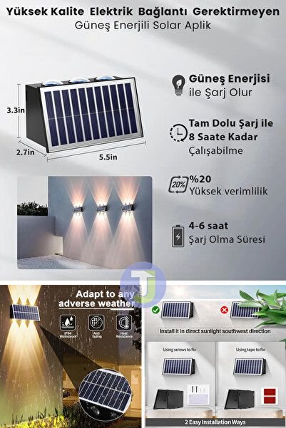 Technojet Solar Güneş Enerjili 6 Ledli Bahçe Aydınlatması Aplik Sarı Işık Led Lamba (1 Adet)