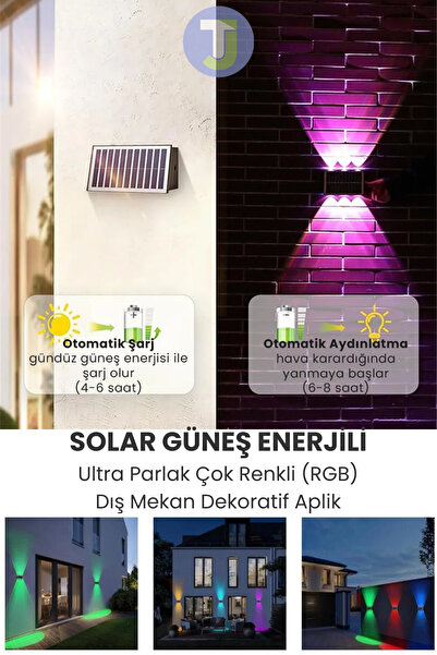 Technojet Solar Güneş Enerjili 6 Ledli Bahçe Aydınlatması Aplik Parlak RGB Işık Led Lamba (1 Adet)