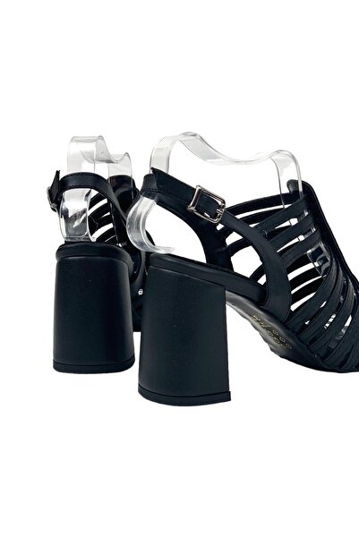 bescobel Women's Perta Black Skin Thick High Heel Shoes Sandals 9 cm 102