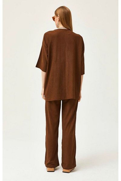 PLA STORE Brown Wide Leg Kimono Bottom Top Set