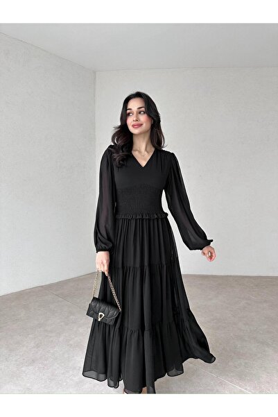 popibutik V Yaka Astarlı Beli Lastikli Şifon Kumaş Uzun Boy Siyah Elbise