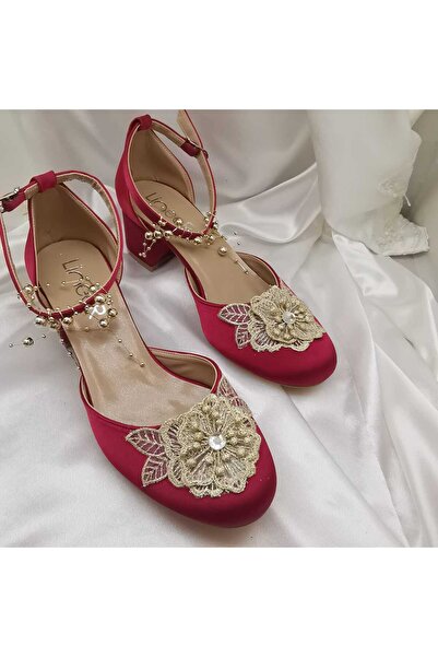LİNEER Kadın Bordo Renk Dantelli Rahat 5 Cm Kalın Topuklu Abiye Kına Gelin Ayakkabısı