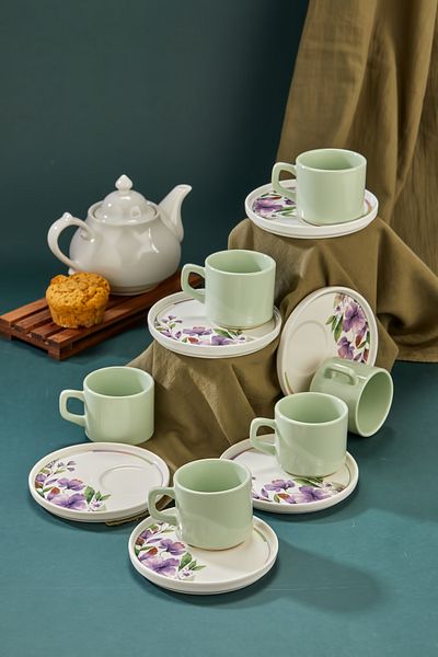 Erbaşlar 12 Piece Tea and Coffee Cup Set for 6 People with Presentation Plate, Tea and Coffee Set