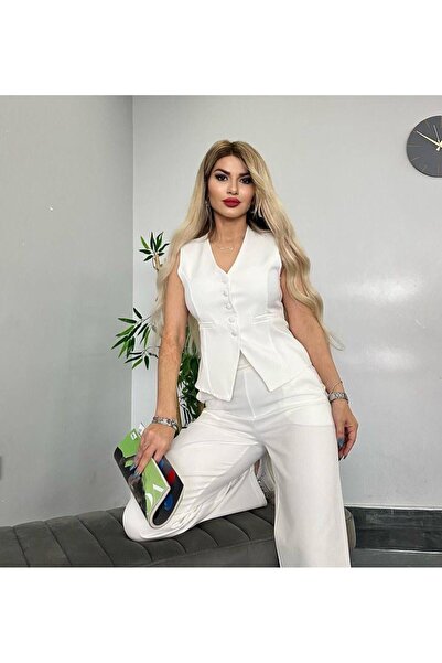 Arv Moda PANTALON VEST SET IMPORTED DABIL FABRIC Women's Buttoned Vest Palazzo Wide Leg Trousers Double Set