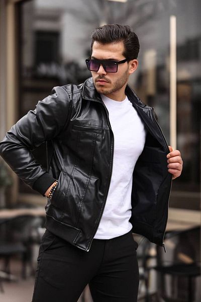 Oliggopol Мъжко черно кожено яке Slim Fit Pilot