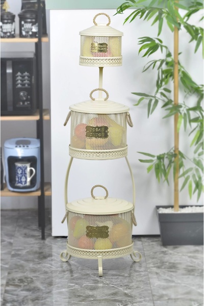 Evistro Metal Standlı 3 Katlı Delikli Patates Soğan Sarımsak Kovası Krem
