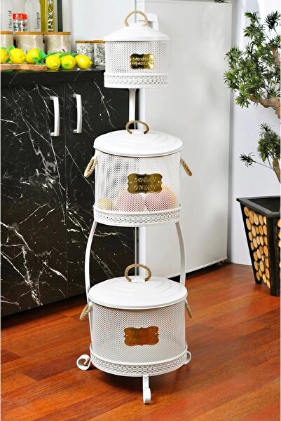 Evistro Metal Standlı 3 Katlı Delikli Patates Soğan Sarımsak Kovası Beyaz