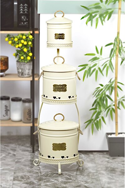 Evistro Metal Standlı 3 Katlı Patates Soğan Sarımsak Saklama Kovası Krem