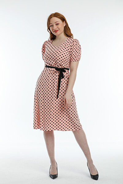 Pitti Kadın SOMON PUDRA SİYAH PUANLI KUŞAKLI MİNİ Elbise 51123