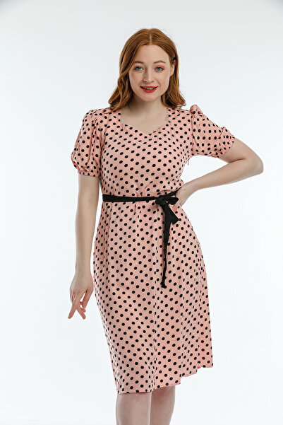 Pitti Kadın SOMON PUDRA SİYAH PUANLI KUŞAKLI MİNİ Elbise 51123