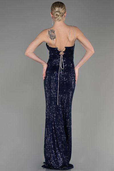 Abiyefon Navy Blue Long Sequined Back and Leg Low-cut Evening Dress - ABU3768