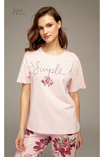 PİJAPİA Ružičasta pidžama za žene sa O-izrezom i kratkim rukavima Viskoza