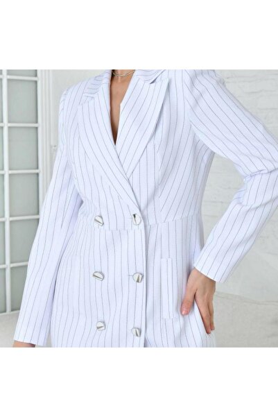 nodilife Çizgi Desenli Ceket Elbise Beyaz