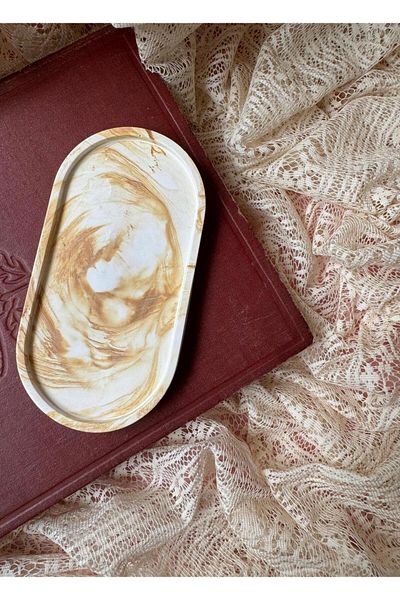 Çisem Brown Concrete Candle Jewelry and Flower Pot Base - Decorative Marble Look Oval Tray