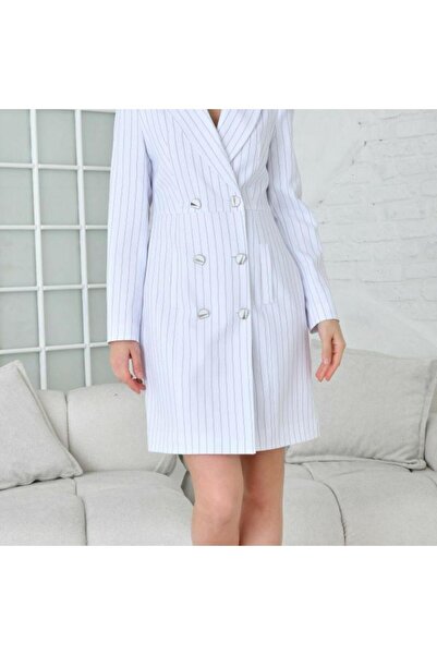 nodilife Çizgi Desenli Ceket Elbise Beyaz