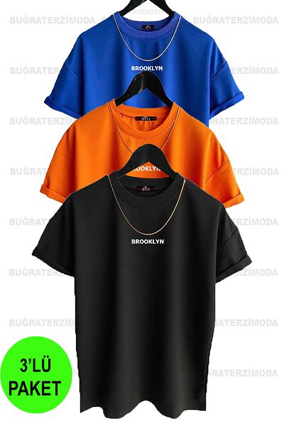 Buğraterzimoda Brooklyn Printed Unisex Black-Orange-SaxBlue (Bold Mold) Oversize 3-Piece T-shirt Package