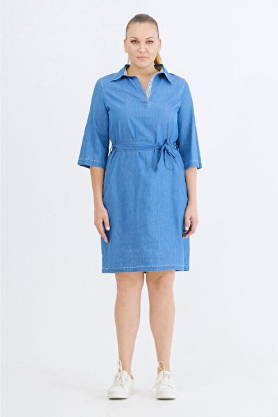 EVEN plus size Yakası Şeritli Kot Büyük Beden Elbise