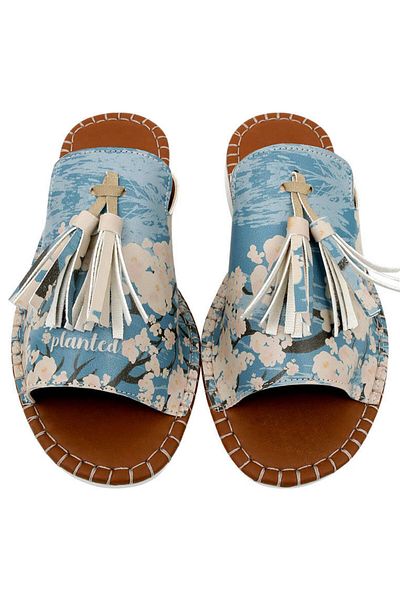 Dogo Women's Vegan Leather Blue Slippers - Bloom Where You Are Planted Design