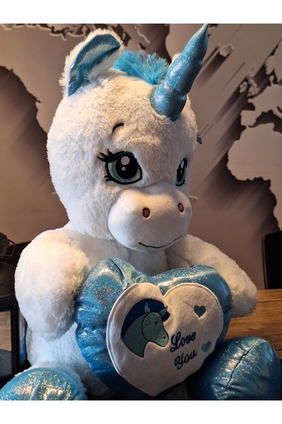 Genel Markalar Kalpli Boynuzlu Beyaz Mavi Peluş At 60cM