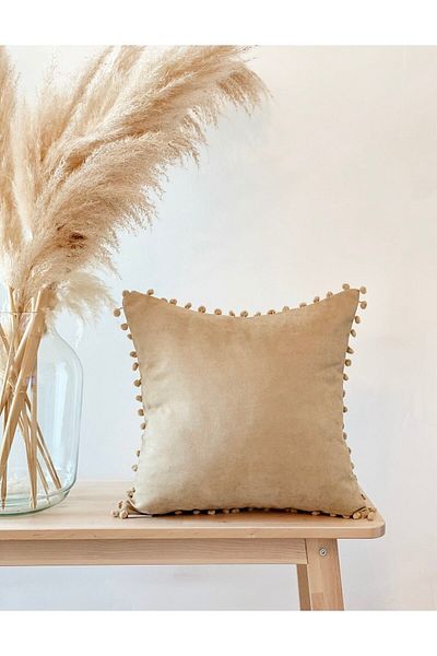 Hestia Home غطاء وسادة صغير بومبوم غطاء وسادة بيج 50x30 سم