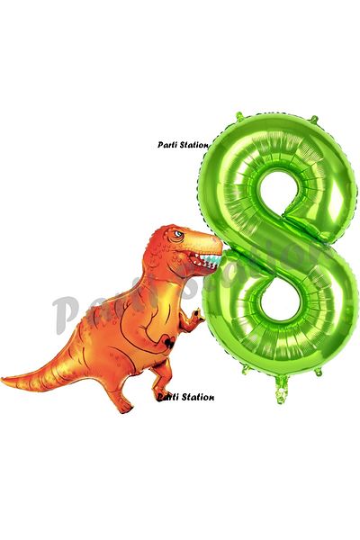 Parti Station Dinosaur Concept 8 Years Old Balloon Set Dinosaur T-Rex Balloon and Green Number Balloon Birthday Set