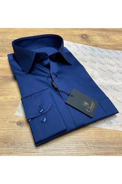 Chamis قميص طية صدر السترة الكلاسيكي من الساتان باللون الأزرق الداكن