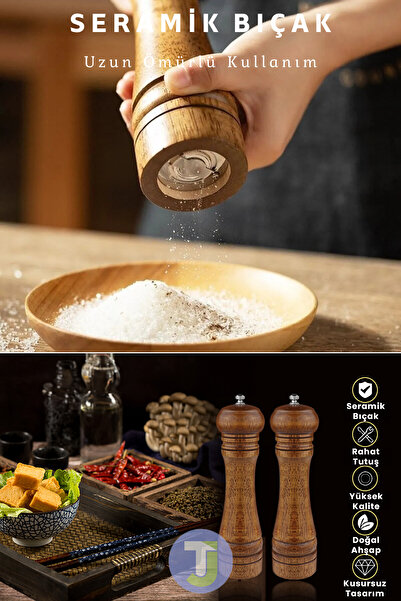 Technojet 2 Adet 22cm Doğal Ahşap Karabiber Tuz Kahve Baharat Öğütücü Ahşap Değirmen Tuzluk Biberlik