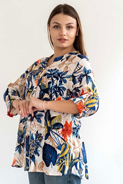 citycenterfashion Women's Plus Size Fold Sleeve Shirt Blouse Cty-Akc-Uzd1 %100 Cotton Organic Linen