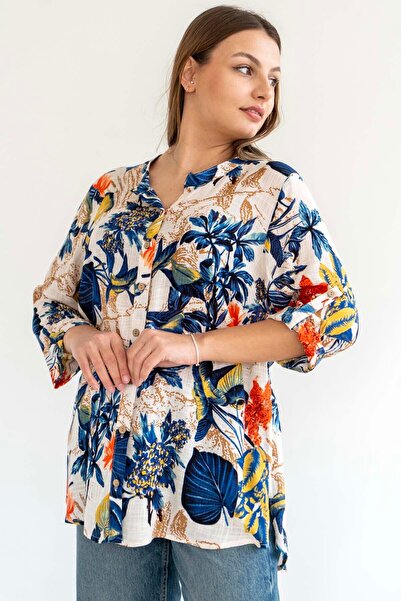 citycenterfashion Women's Plus Size Fold Sleeve Shirt Blouse Cty-Akc-Uzd1 %100 Cotton Organic Linen