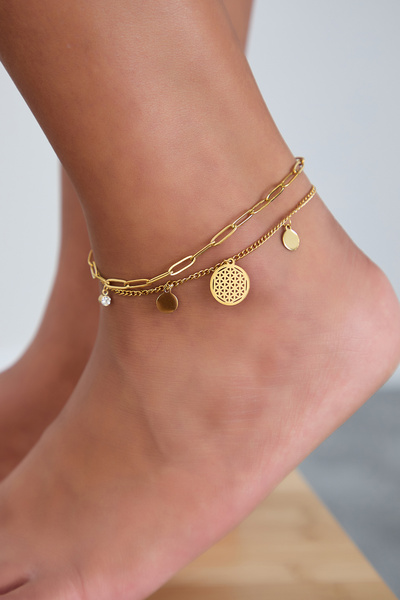 Lina Tia Kadın Uzun Kalın Çift Zincir Yaşam Çiçeği Figür Boncuk Zirkon Taşlı Model Altın Kaplama Çelik Halhal