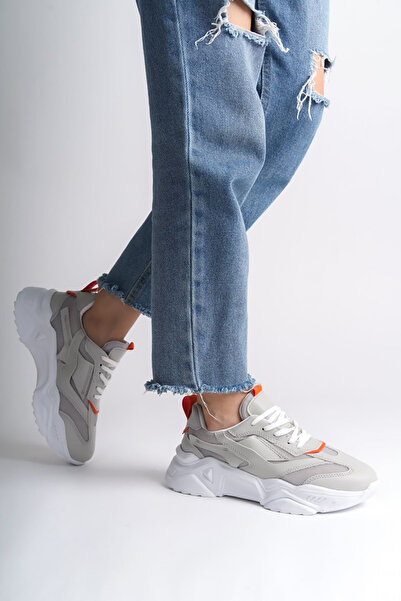 Rainon Store White Orange Leather Laced Orthopedic Sole Women's Sports Shoes