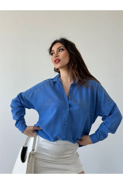 GİYSİ DÜNYASI قميص من قماش الكتان مرصع بالأحجار